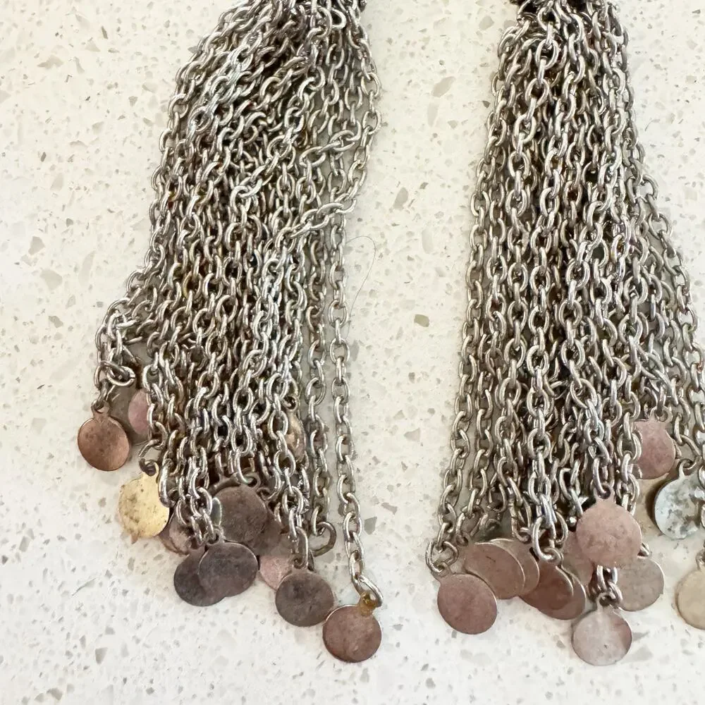 Vintage‎ Silver Tone Chain Tassel Screw On Earrings